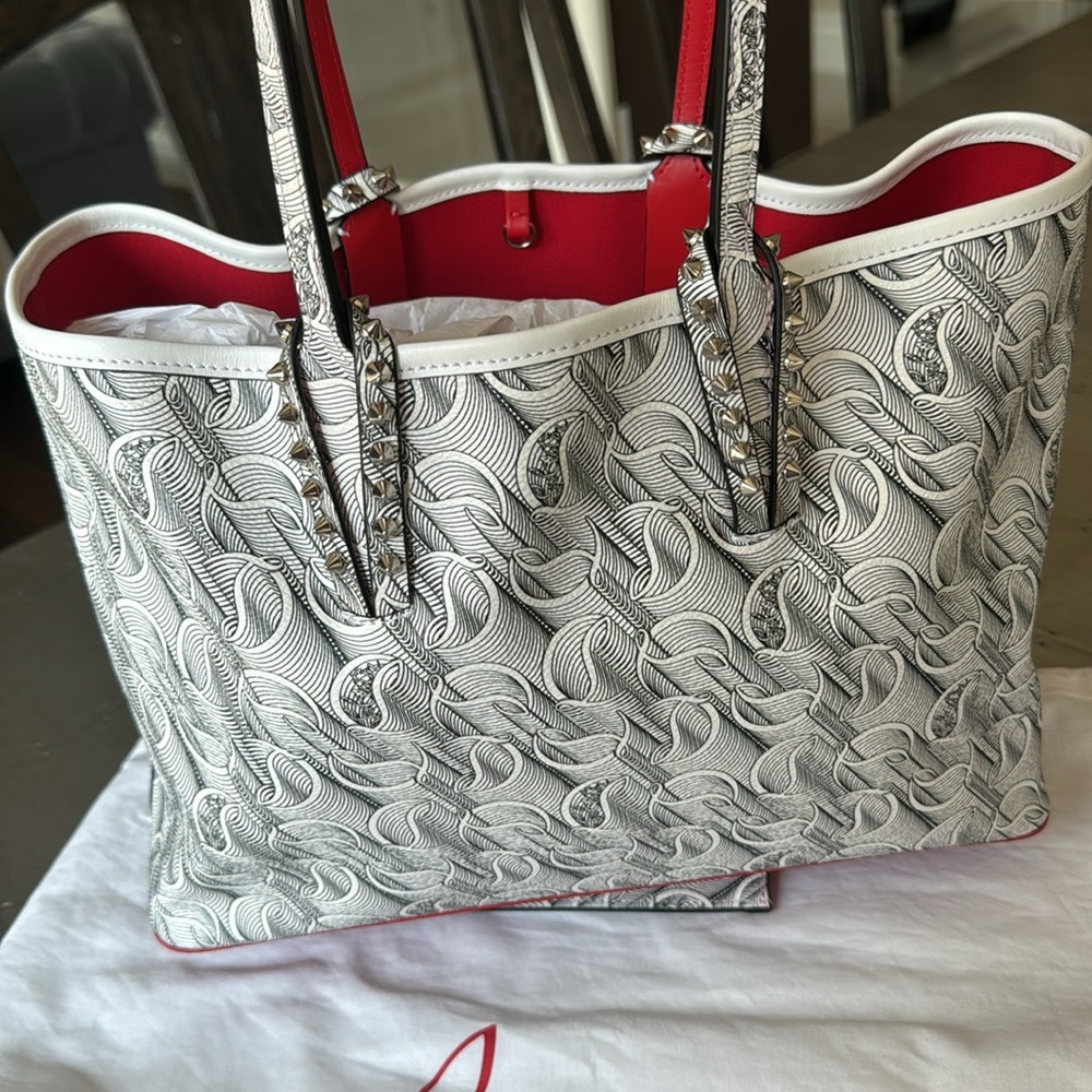 Christian Louboutin cabata toile mono white black tote bag shopper with pouch - Picture 7 of 13
